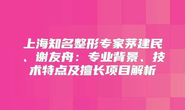上海知名整形专家茅建民、谢友舟：专业背景、技术特点及擅长项目解析
