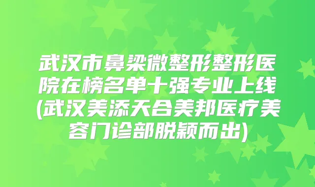 武汉市鼻梁微整形整形医院在榜名单十强专业上线(武汉美添天合美邦医疗美容门诊部脱颖而出)